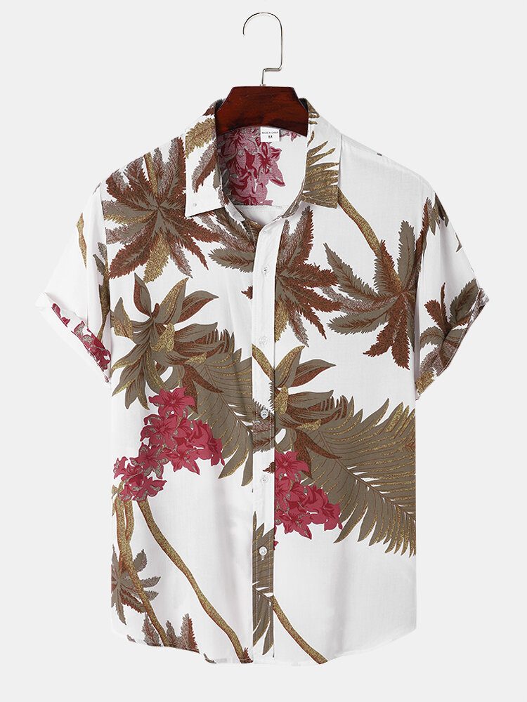 Menn Tropical Leaf Hawaii Style Casual Hudvennlig Matchende Myke Skjorter