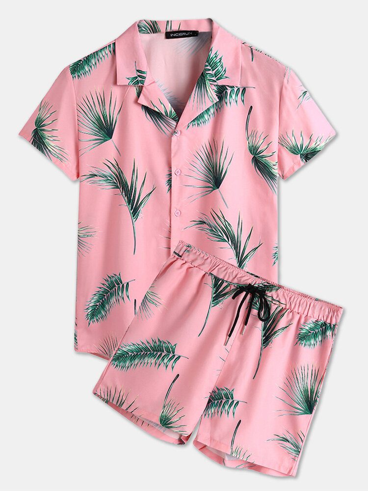 Menn Tropical Leaf Print Feriestil Uformelt Skjortesett