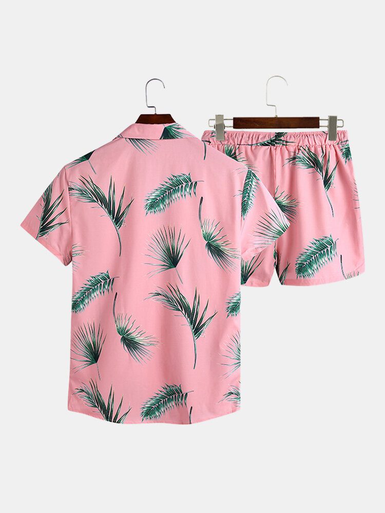 Menn Tropical Leaf Print Feriestil Uformelt Skjortesett