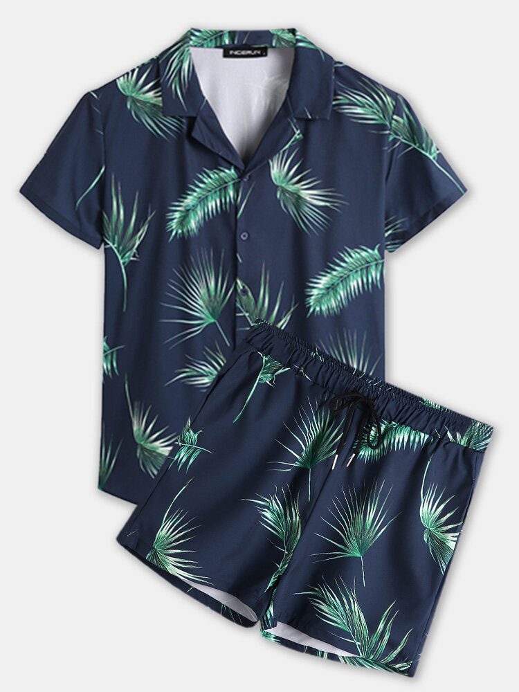 Menn Tropical Leaf Print Feriestil Uformelt Skjortesett