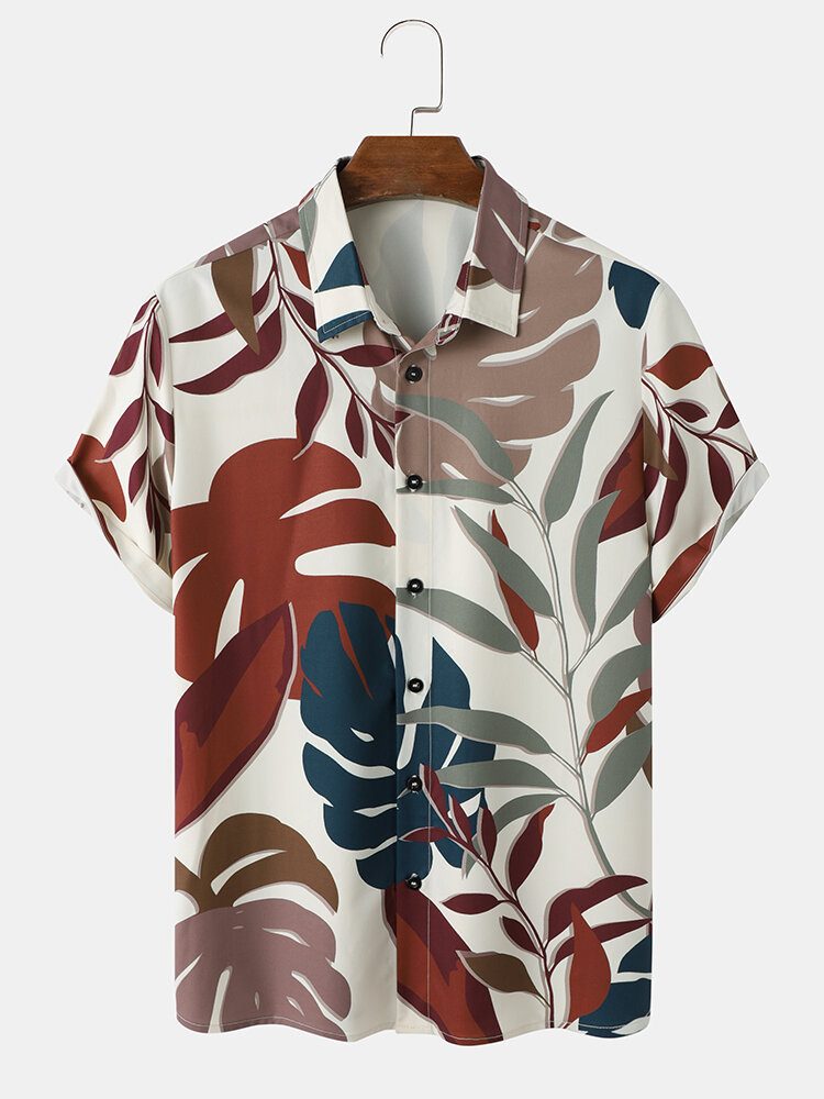 Menn Tropical Leaves Button Lapel Kortermede Fritidsskjorter