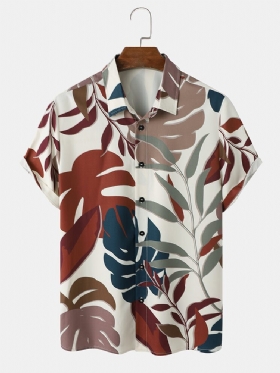 Menn Tropical Leaves Button Lapel Kortermede Fritidsskjorter