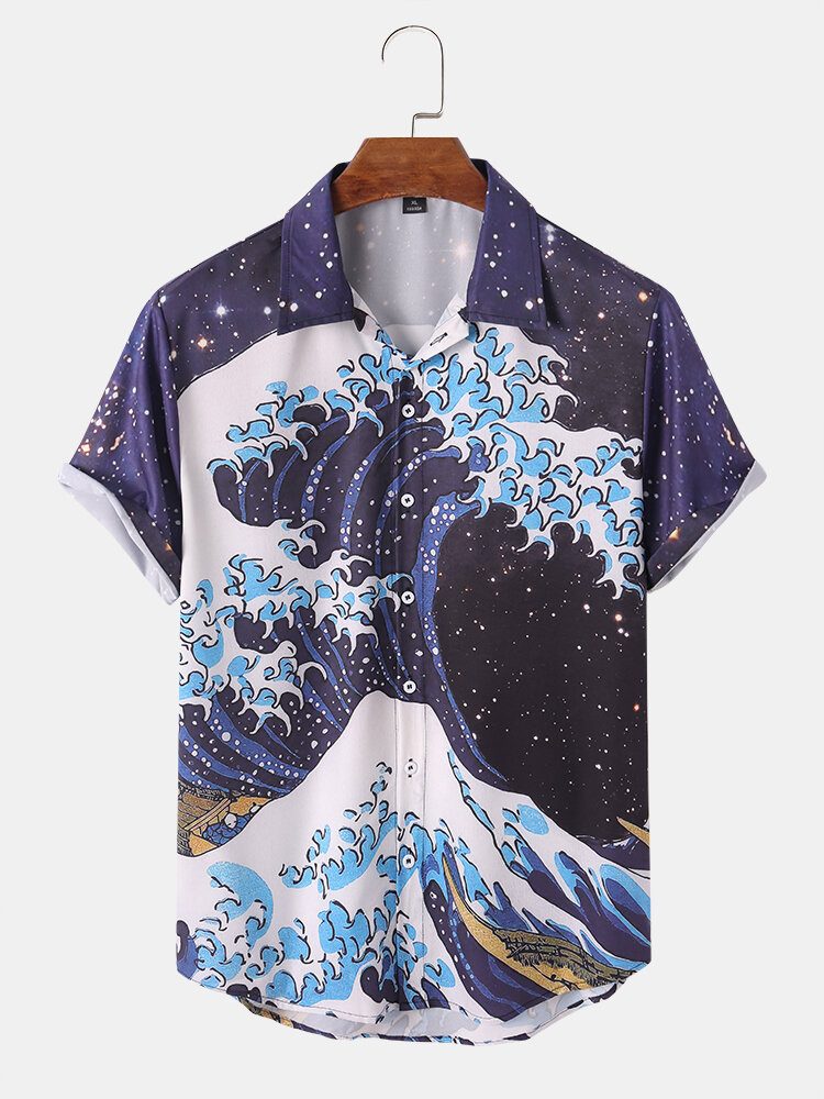 Menn Ukiyoe Landskap Fjell Print Lapel Casual Skjorter