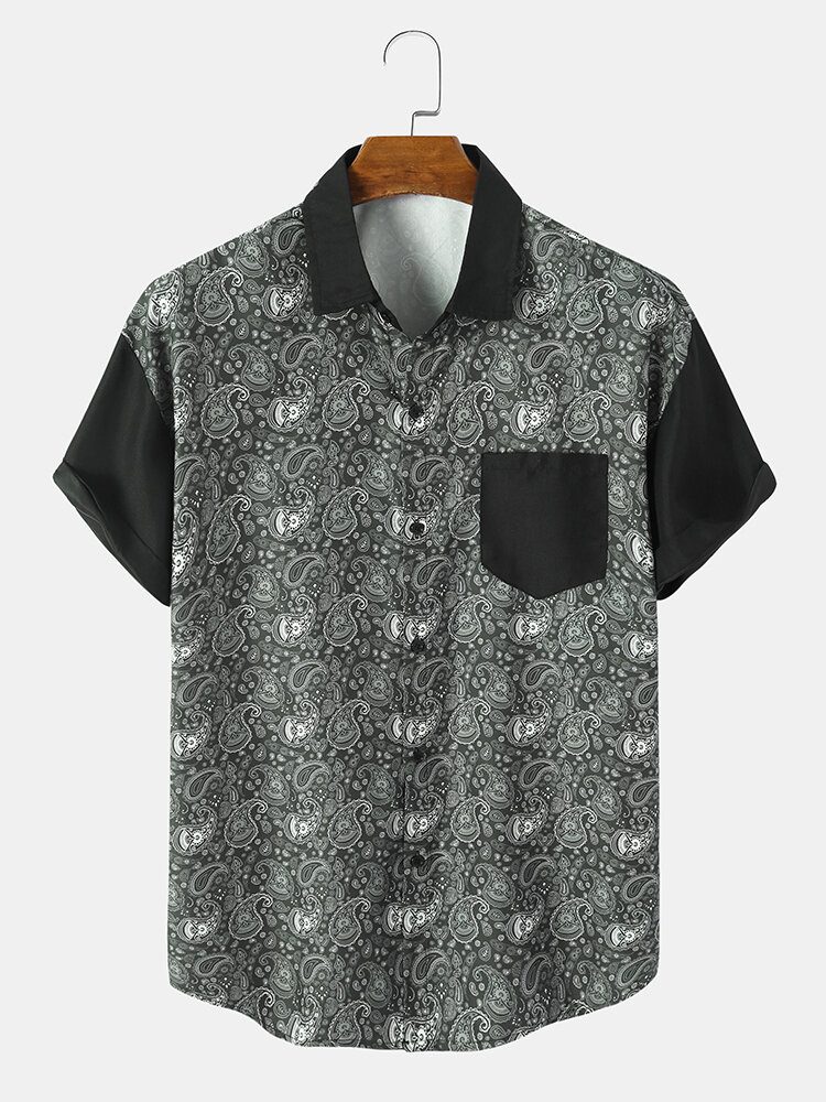 Monokrom Paisley Print Button Up Kortermede Skjorter For Menn