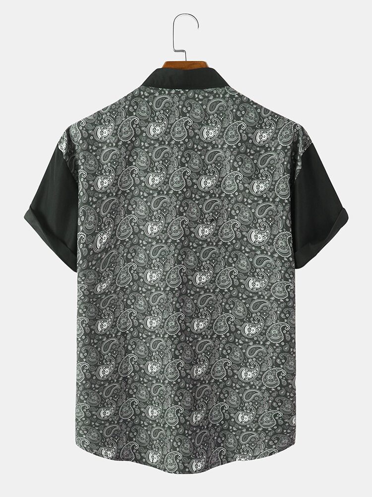 Monokrom Paisley Print Button Up Kortermede Skjorter For Menn