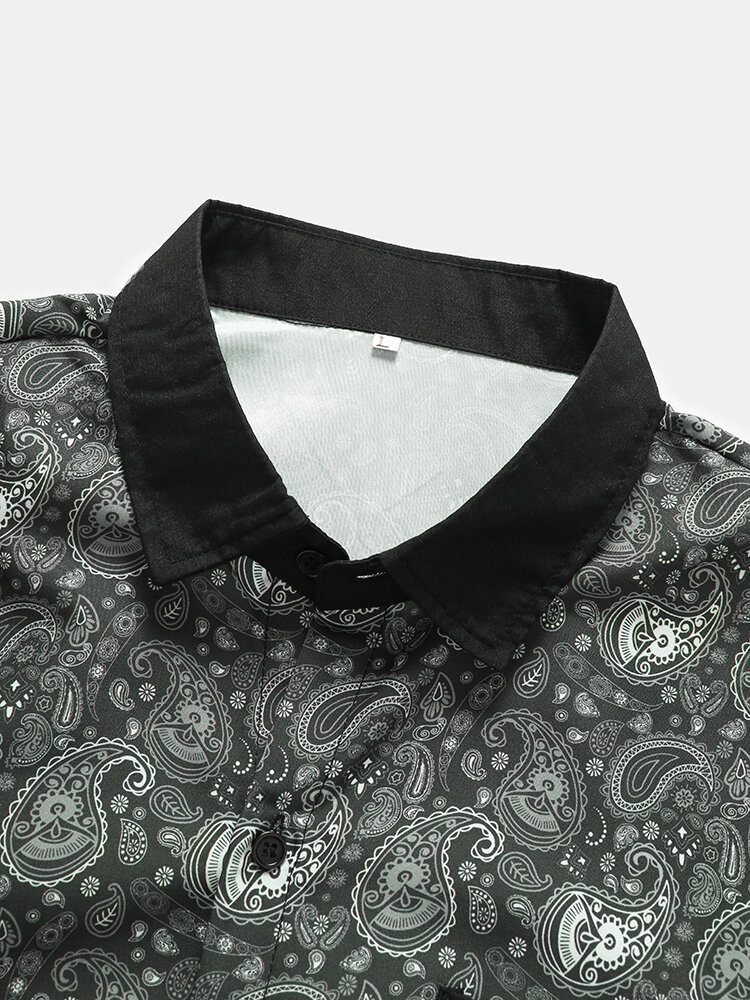 Monokrom Paisley Print Button Up Kortermede Skjorter For Menn