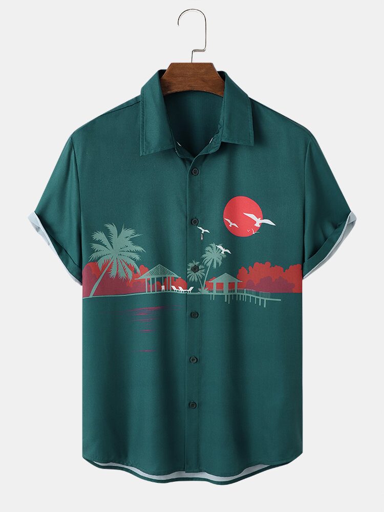 Red Sun Coconut Tree Print Vacation Kortermede Skjorter For Menn