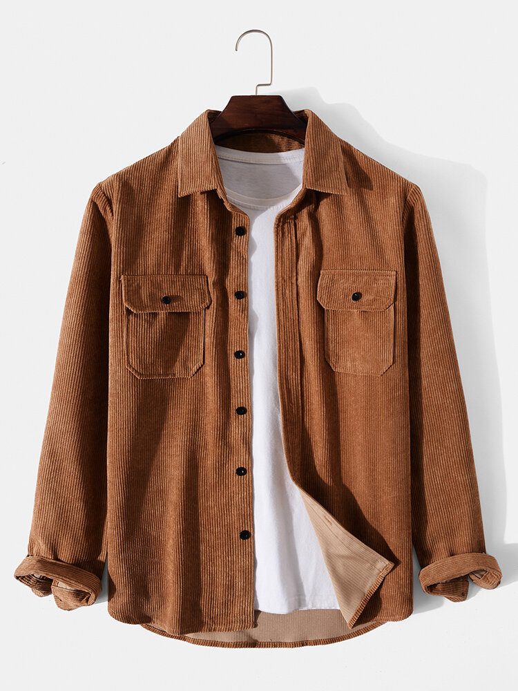 Solid Corduroy Doble Lommer Button Lapel Shirt