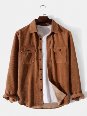 Solid Corduroy Doble Lommer Button Lapel Shirt