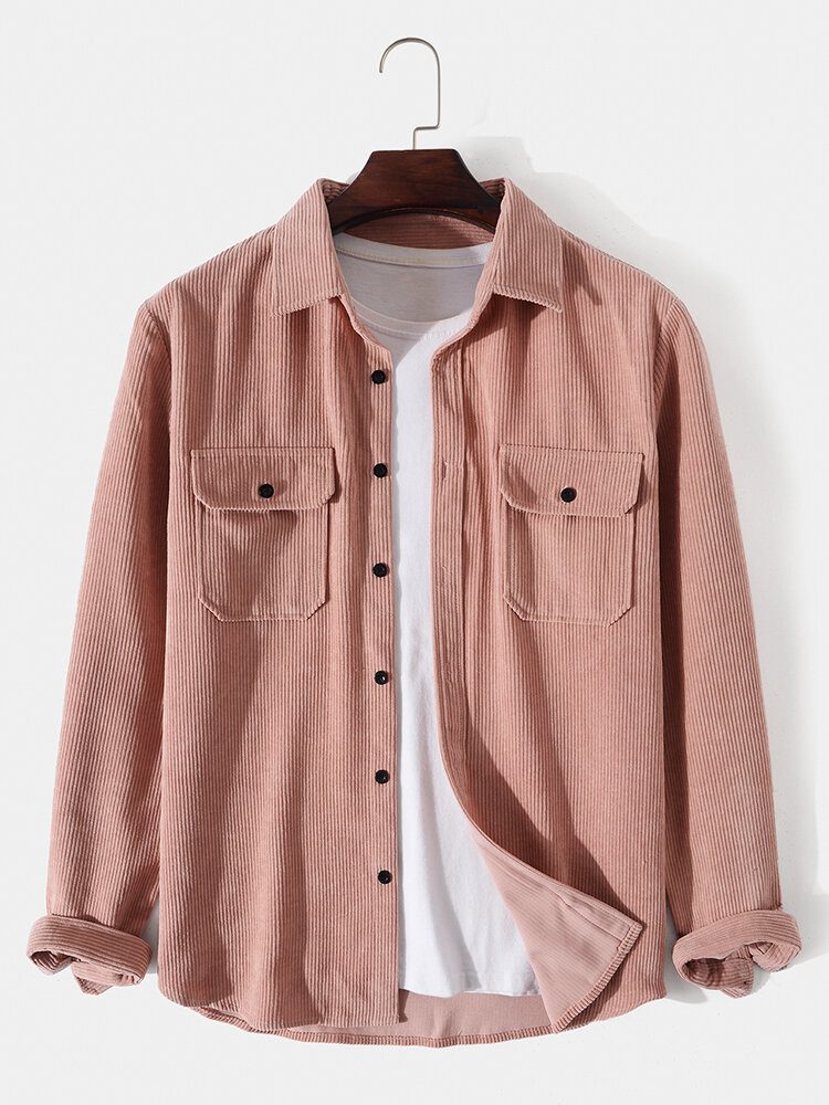 Solid Corduroy Doble Lommer Button Lapel Shirt