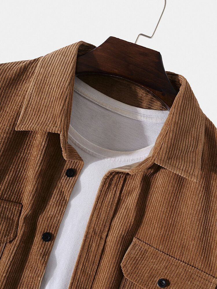 Solid Corduroy Doble Lommer Button Lapel Shirt