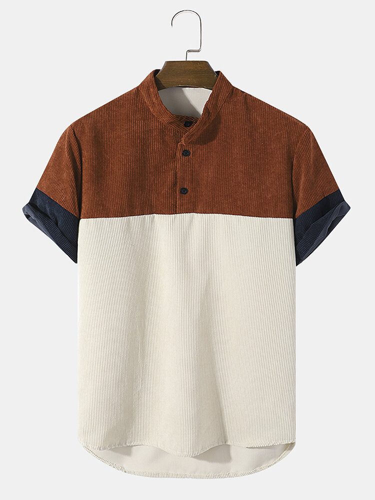 Standkrage For Menn Corduroy Color Block Casual Skjorter