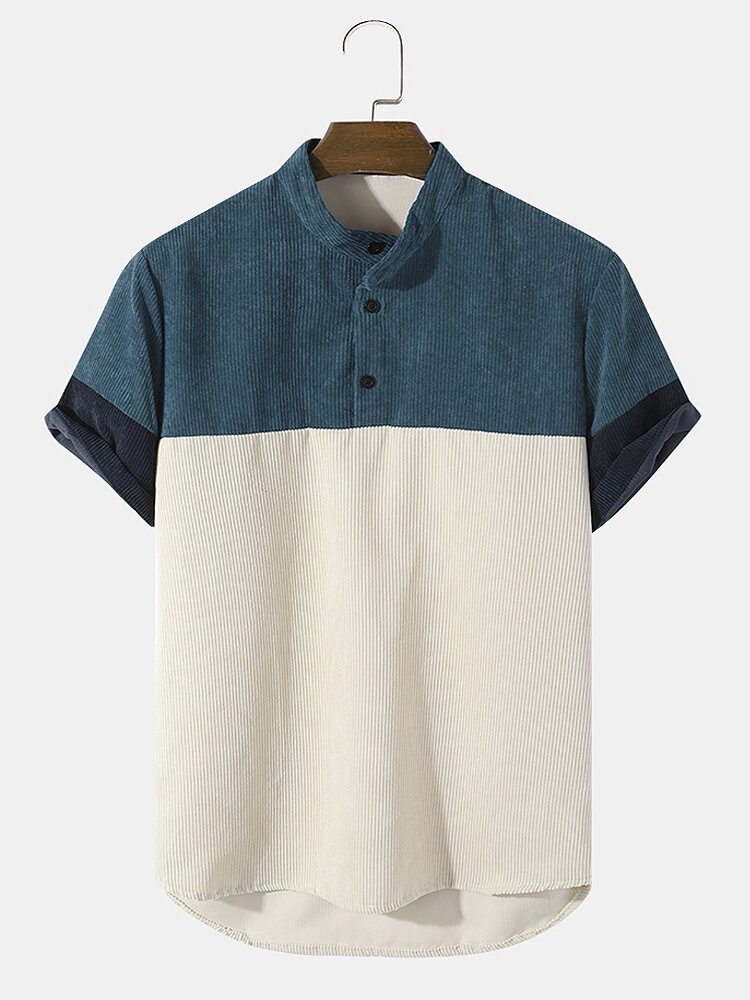 Standkrage For Menn Corduroy Color Block Casual Skjorter