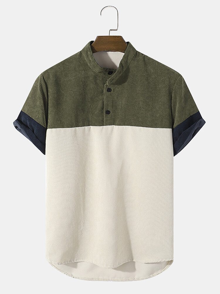 Standkrage For Menn Corduroy Color Block Casual Skjorter