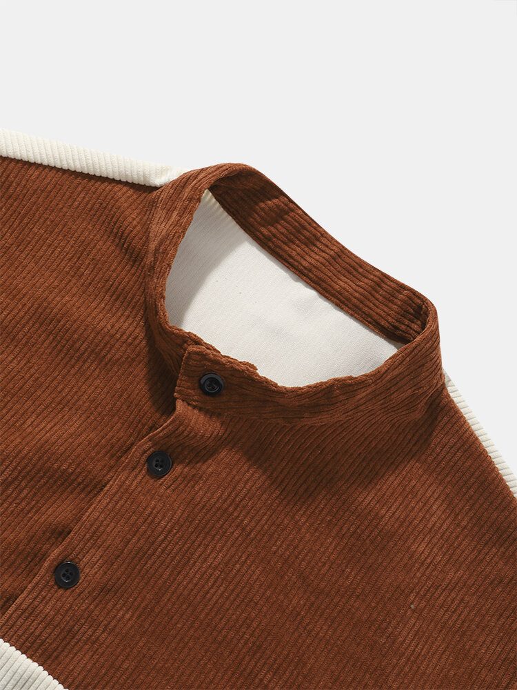 Standkrage For Menn Corduroy Color Block Casual Skjorter