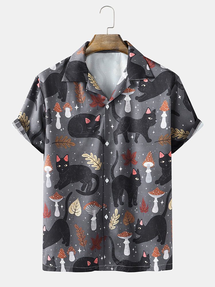 Street Cat Mushroom Print Revere Collar Skjorter For Menn