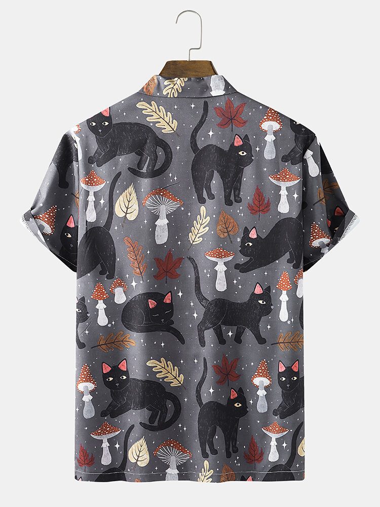 Street Cat Mushroom Print Revere Collar Skjorter For Menn