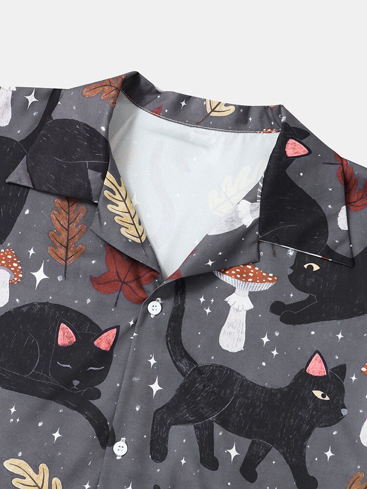 Street Cat Mushroom Print Revere Collar Skjorter For Menn