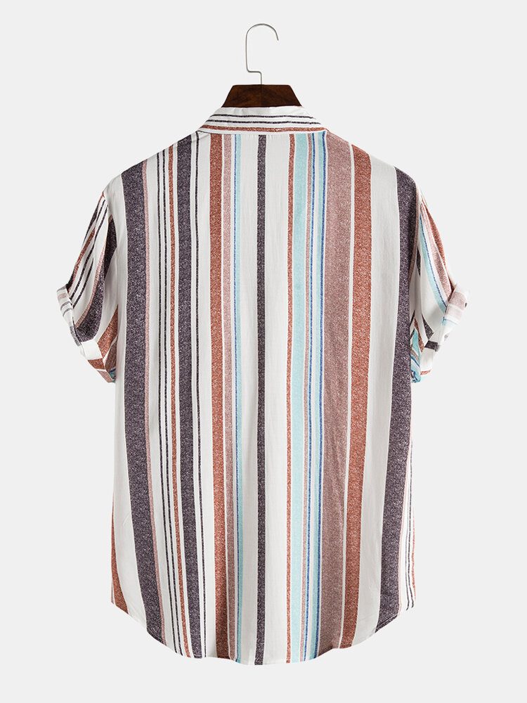 Stripeprint For Menn Med Kortermet Jakkeslag Preppy Skjorte Med Vanlig Hem