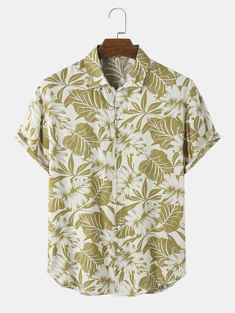 Tropical Leaf Print Button Up Holiday Kortermede Skjorter