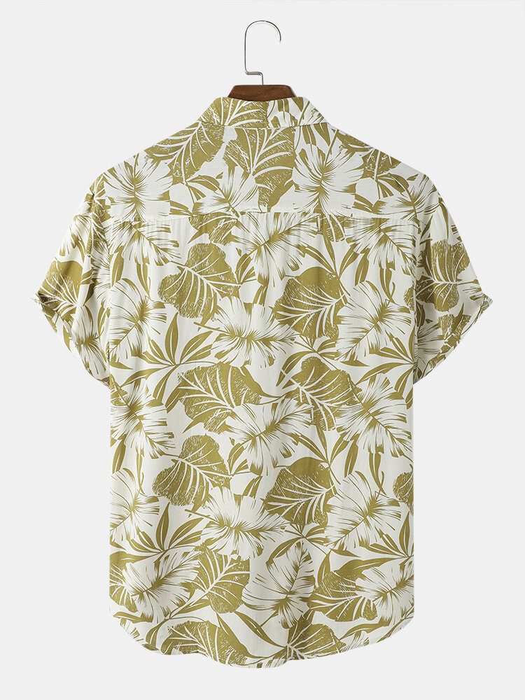 Tropical Leaf Print Button Up Holiday Kortermede Skjorter