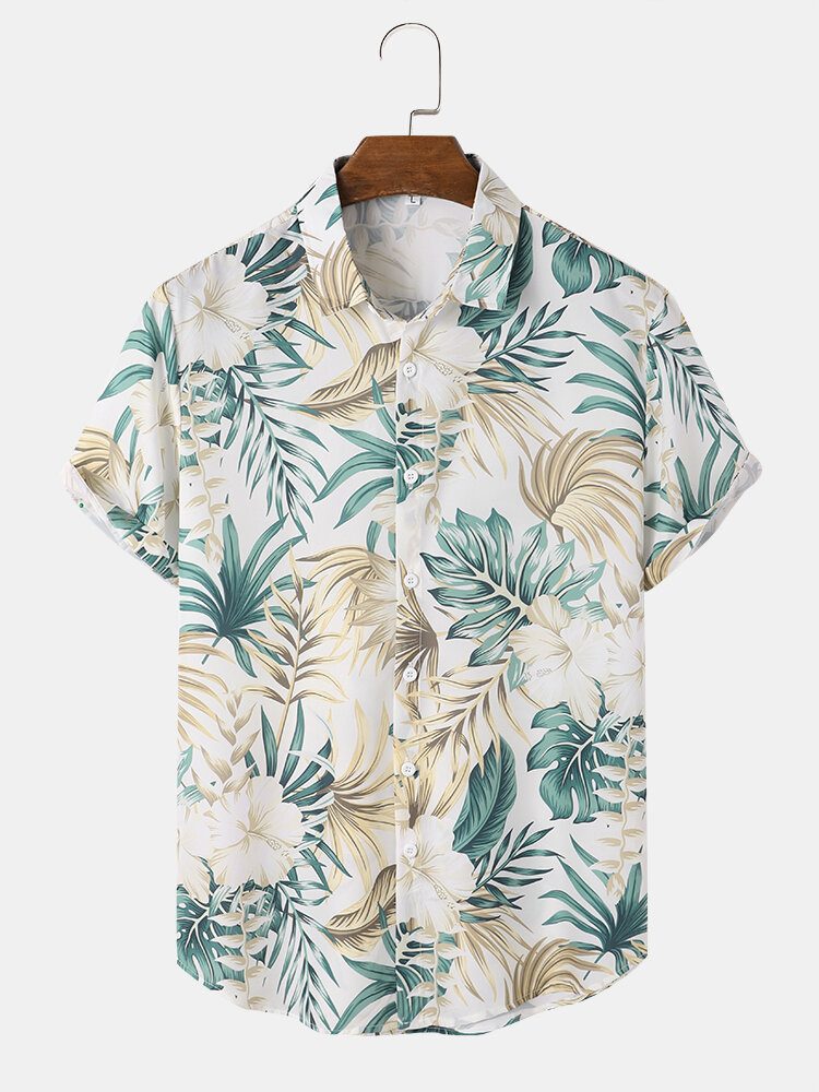 Tropical Plant Print Button Up Holiday Kortermede Skjorter