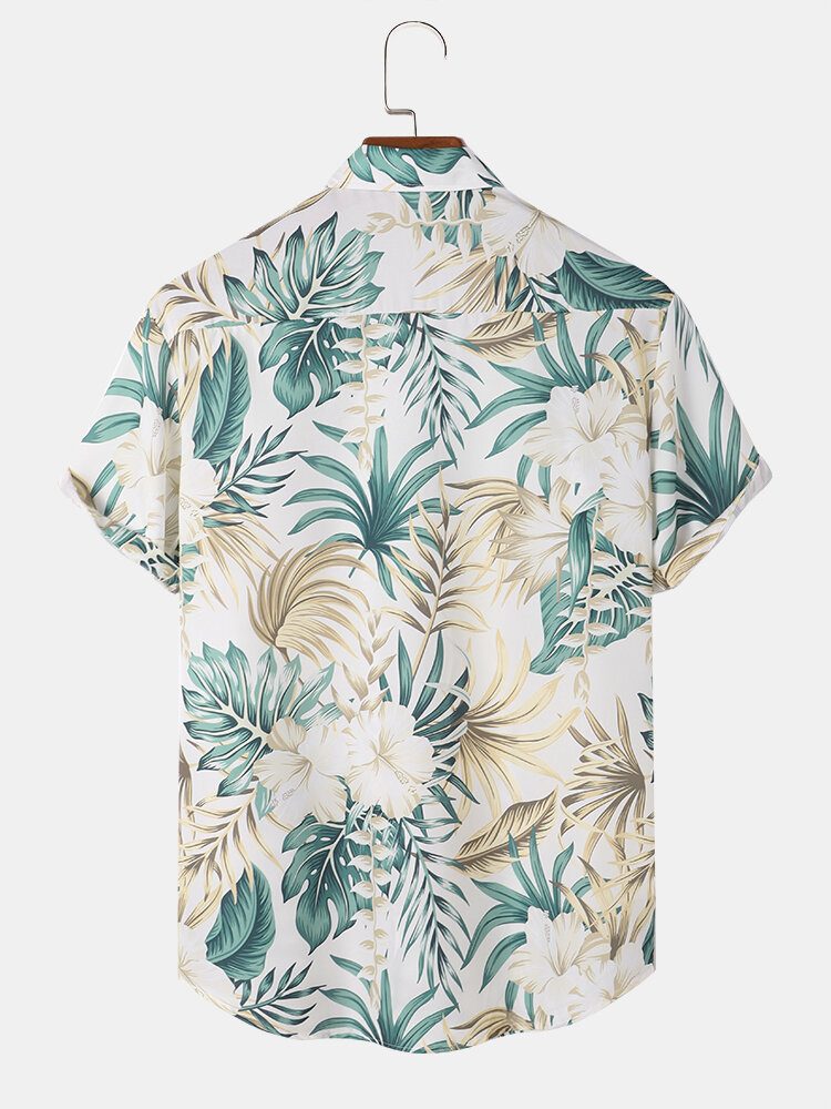 Tropical Plant Print Button Up Holiday Kortermede Skjorter