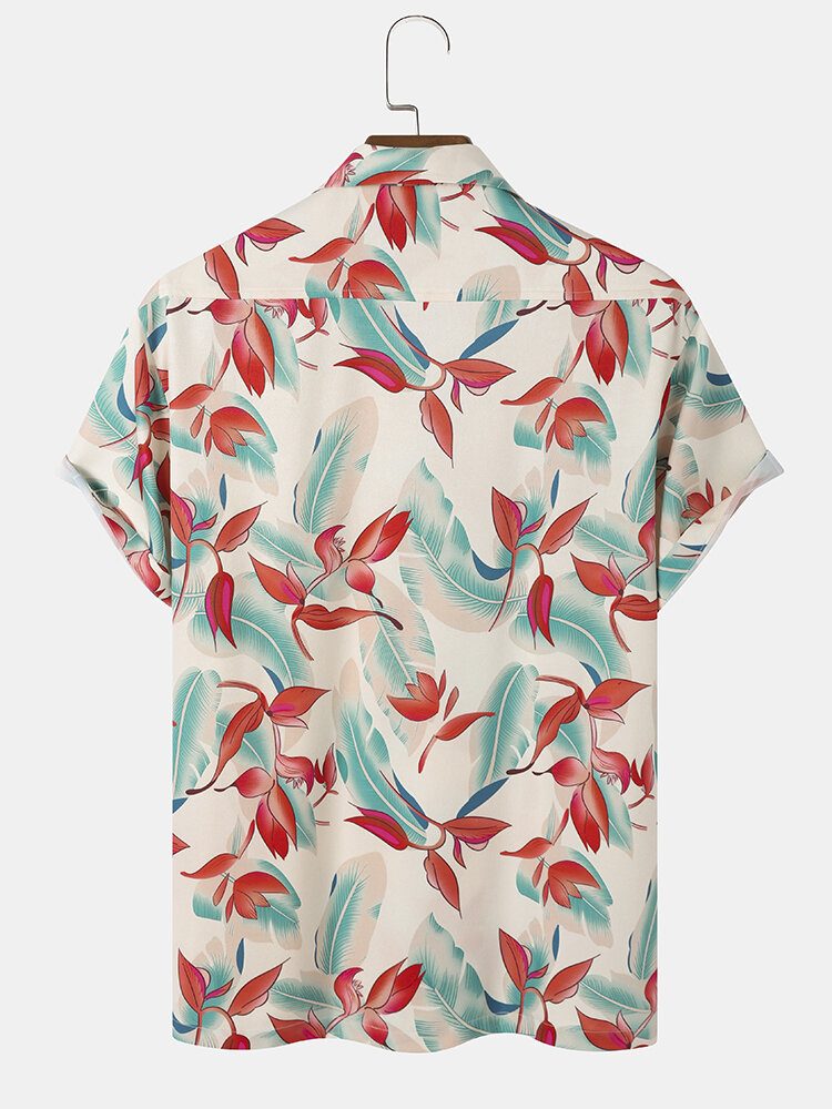 Tropical Plant Print Patchwork Revere Collar Kortermede Skjorter