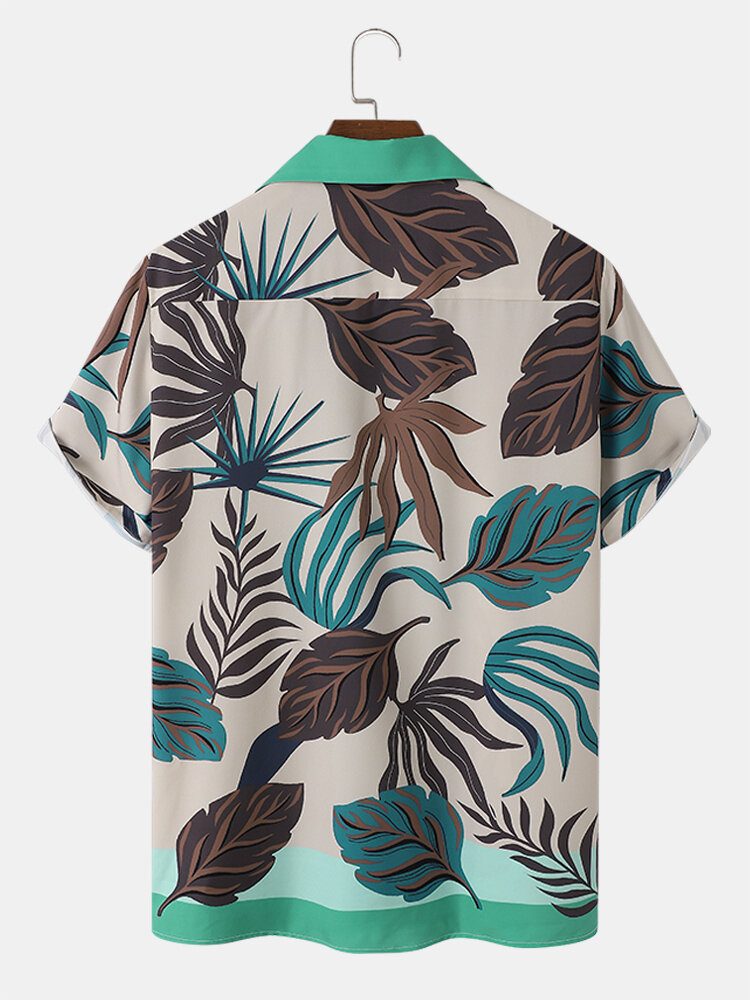 Tropical Plant Stripe Print Revere Collar Holiday Kortermede Skjorter