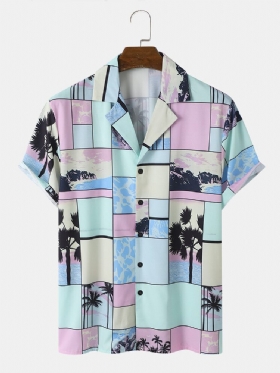 Tropical Scenery For Menn Med Fargeblokktrykk Kortermede Ferieskjorter