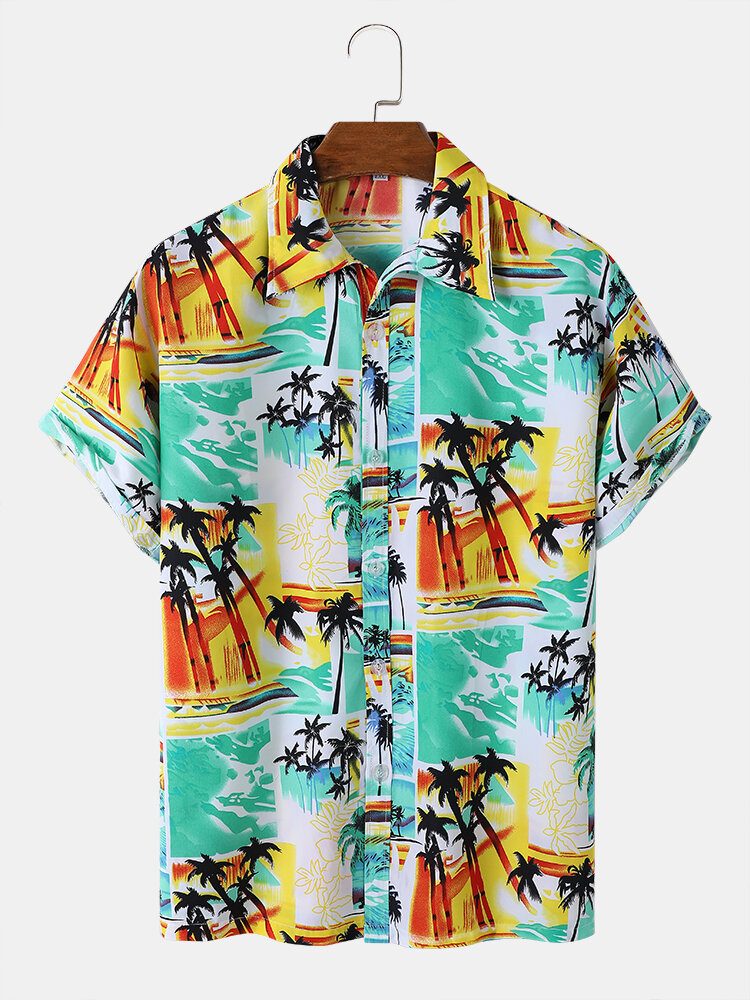 Tropical Scenery Print Lapel Holiday Kortermede Skjorter For Menn