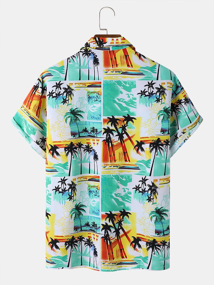 Tropical Scenery Print Lapel Holiday Kortermede Skjorter For Menn