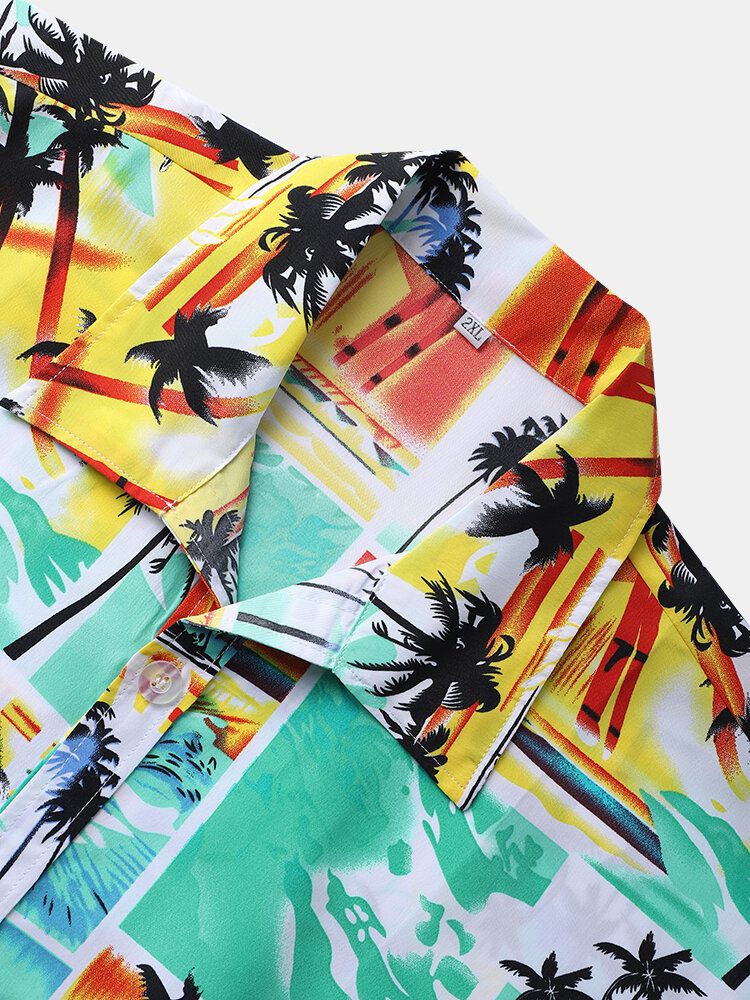 Tropical Scenery Print Lapel Holiday Kortermede Skjorter For Menn