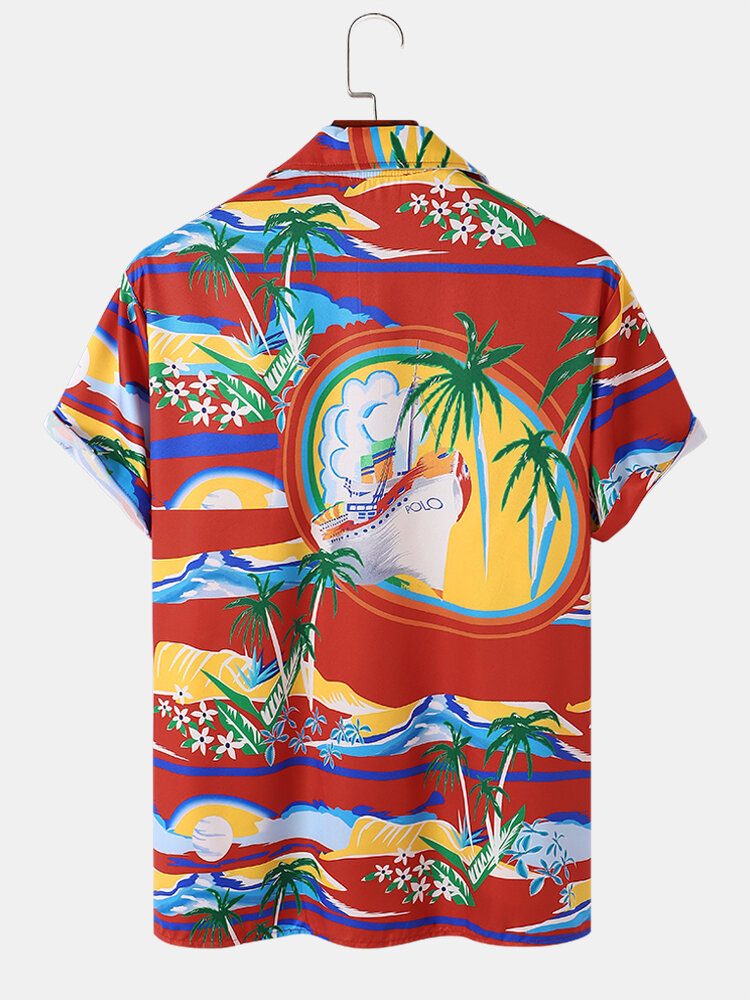 Tropical Scenery Print Revere Collar Holiday Kortermede Skjorter