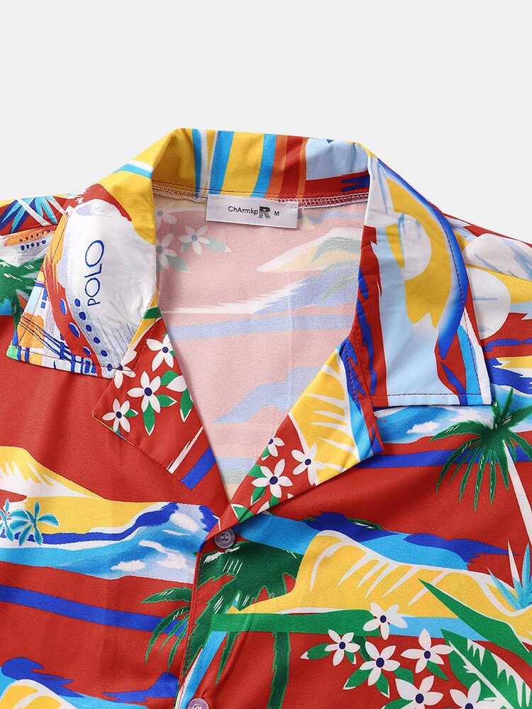 Tropical Scenery Print Revere Collar Holiday Kortermede Skjorter