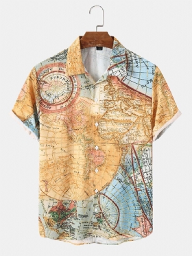 Vintage World Map Print Button Up Kortermede Skjorter For Menn