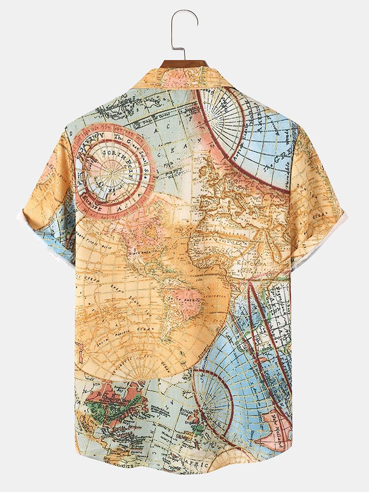 Vintage World Map Print Button Up Kortermede Skjorter For Menn