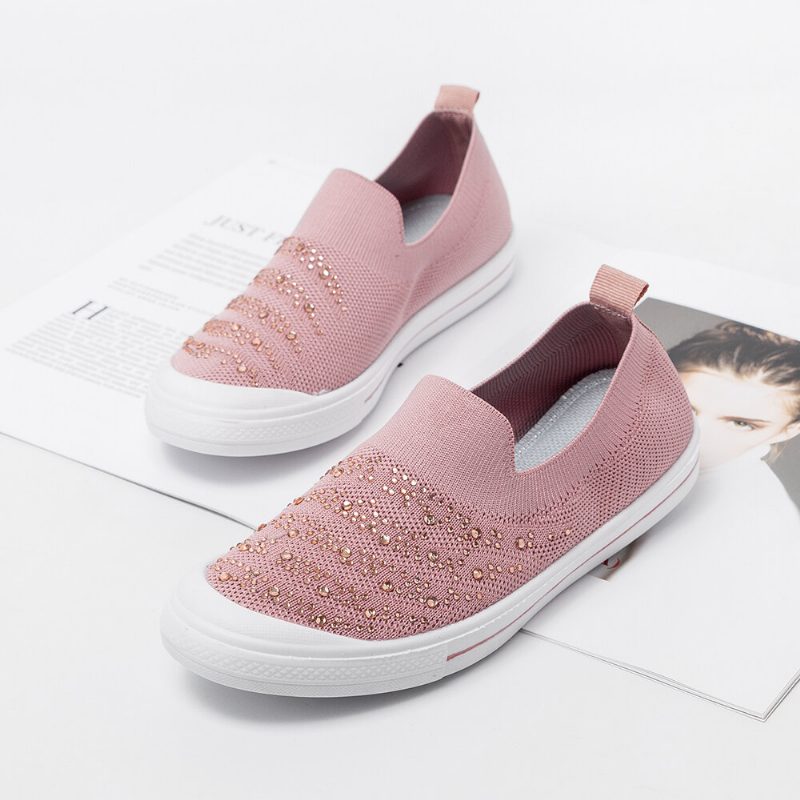 Dame Rhinestone Decor Strikket Comfy Pustende Casual Slip On Sneakers