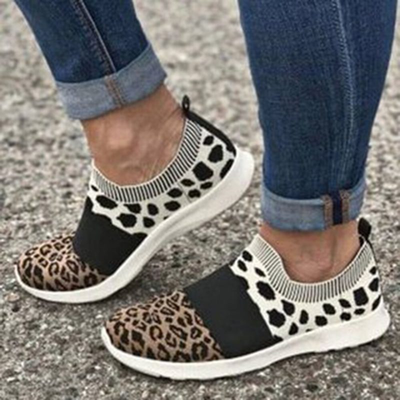 Dame Stor Størrelse Mesh Pustende Leopardmønster Elastisk Slip On Joggesko