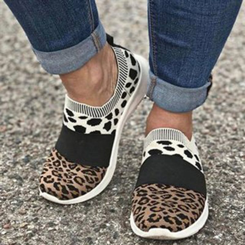 Dame Stor Størrelse Mesh Pustende Leopardmønster Elastisk Slip On Joggesko