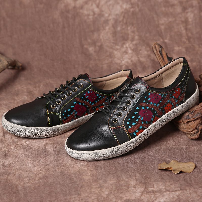 Floral Cutout Søm Retro Leather Lace Up Flate Sneakers