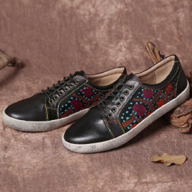 Floral Cutout Søm Retro Leather Lace Up Flate Sneakers