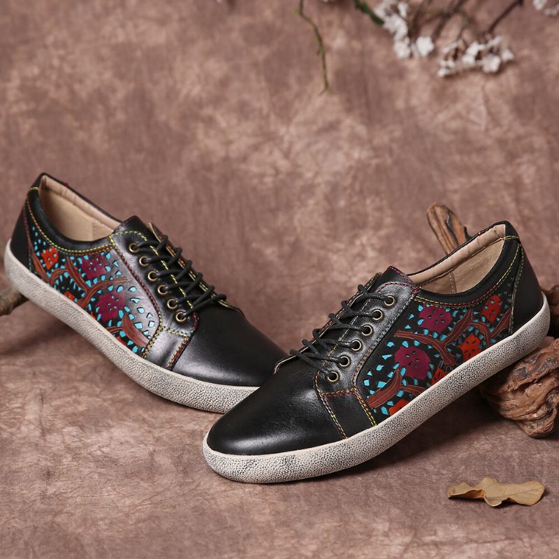 Floral Cutout Søm Retro Leather Lace Up Flate Sneakers