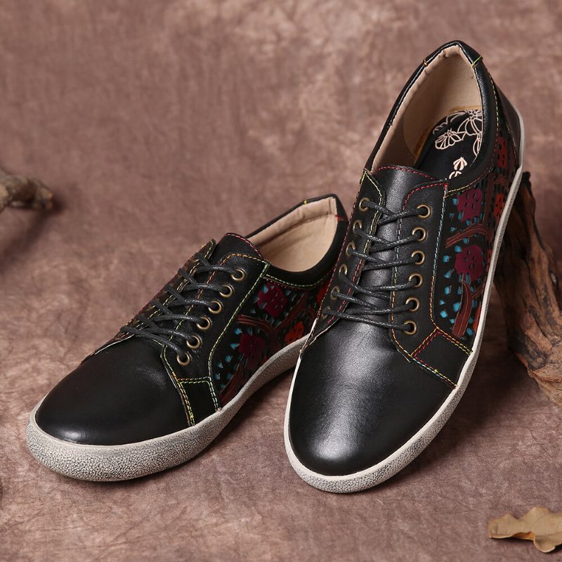 Floral Cutout Søm Retro Leather Lace Up Flate Sneakers