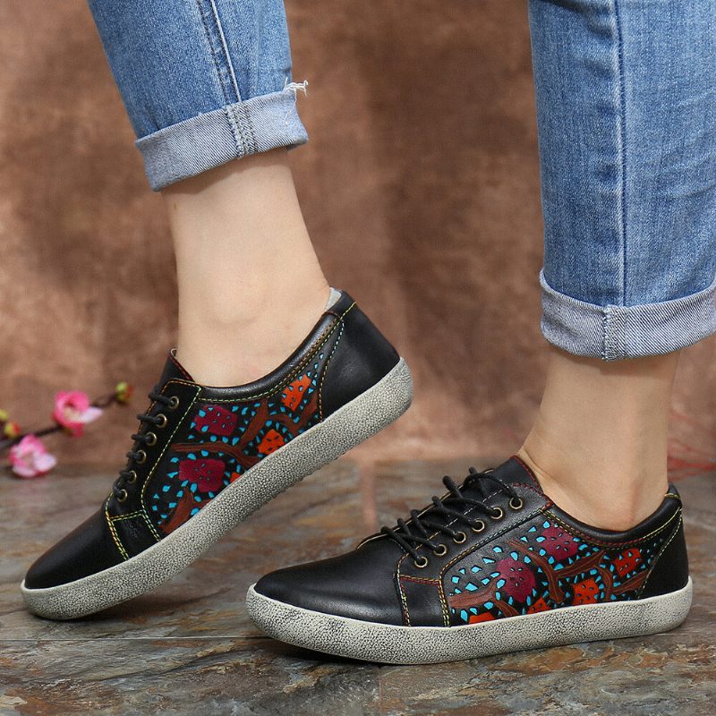 Floral Cutout Søm Retro Leather Lace Up Flate Sneakers