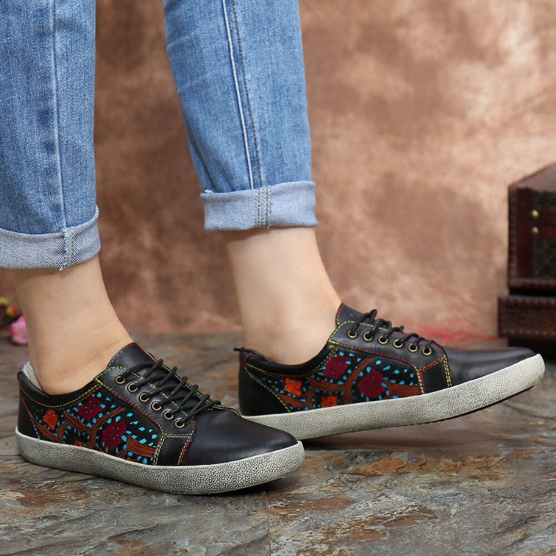 Floral Cutout Søm Retro Leather Lace Up Flate Sneakers