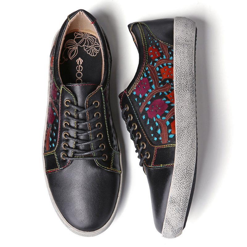 Floral Cutout Søm Retro Leather Lace Up Flate Sneakers