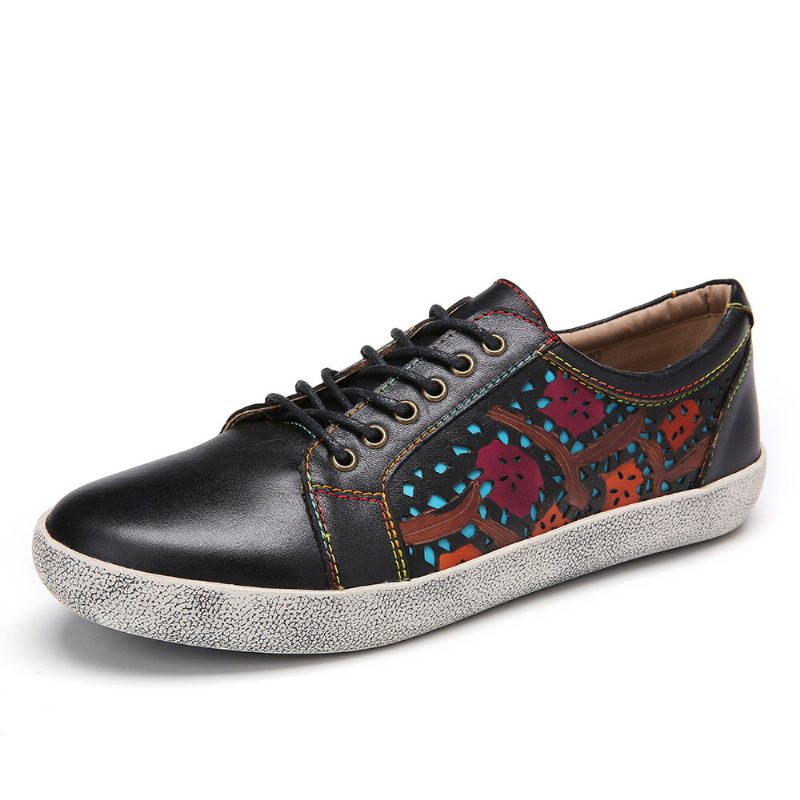 Floral Cutout Søm Retro Leather Lace Up Flate Sneakers