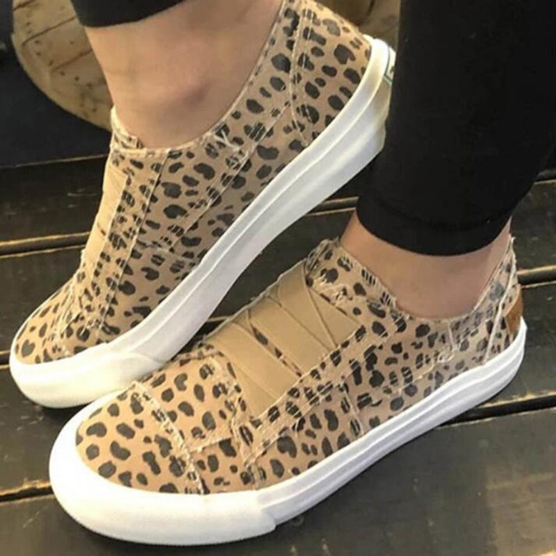 Woemn Leopard Printing Elastisk Band Casual Canvas Flate Sko