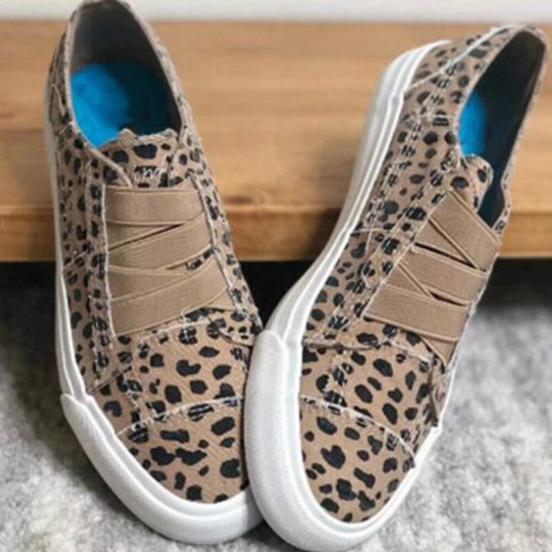 Woemn Leopard Printing Elastisk Band Casual Canvas Flate Sko